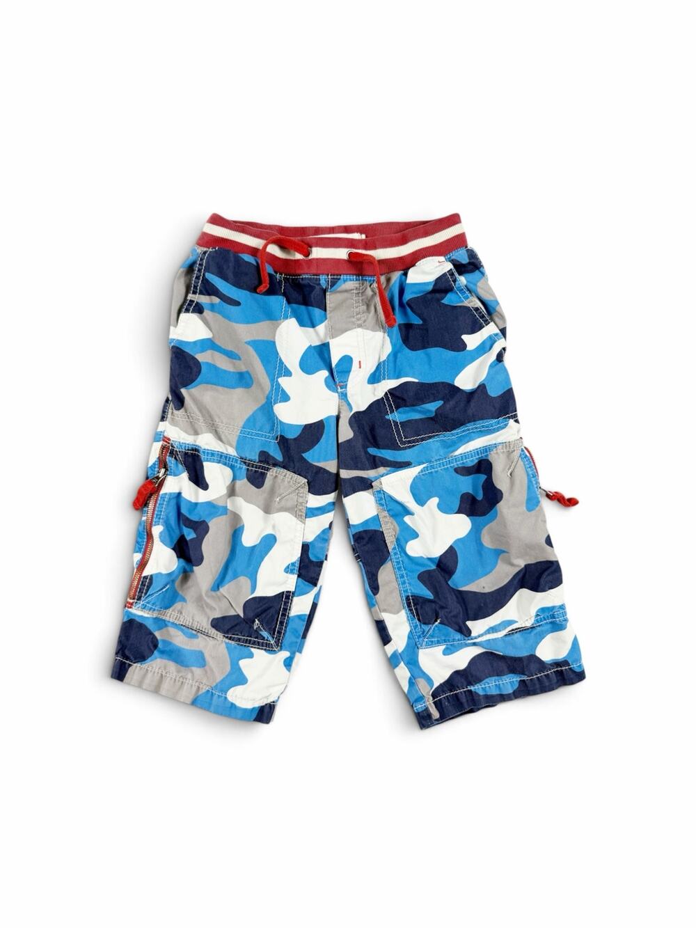 Mini Boden Techno Cargo Shorts Blue Camo Red Zip Pockets Boys Size 8